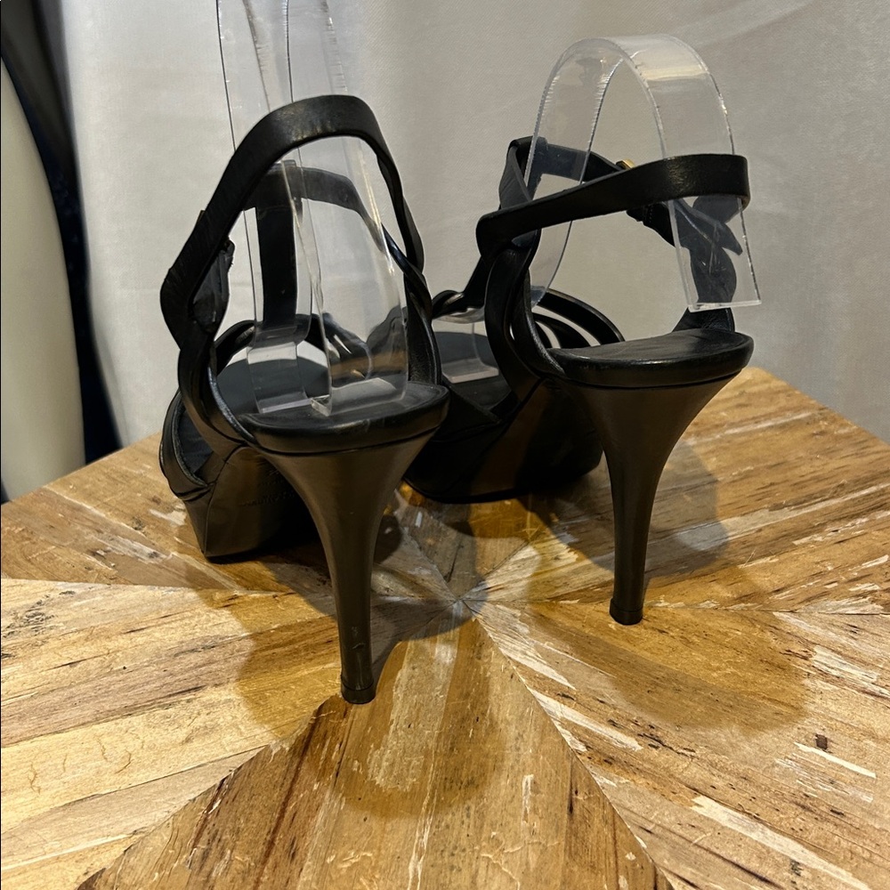 Saint Laurent Black Woven T‑Bar Leather Heels - Picture 3 of 7
